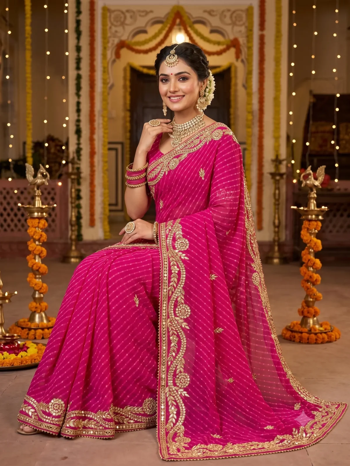 Pure Georgette Rani Mothra Saree with Heavy Gota Patti Embroidery and Floral Border for Teej & Raksha Bandhan