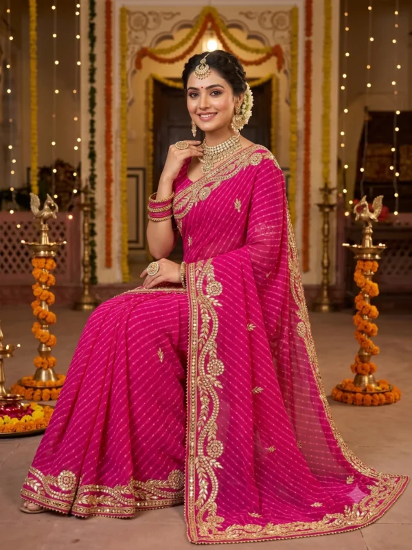 Pure Georgette Rani Mothra Saree with Heavy Gota Patti Embroidery and Floral Border for Teej & Raksha Bandhan