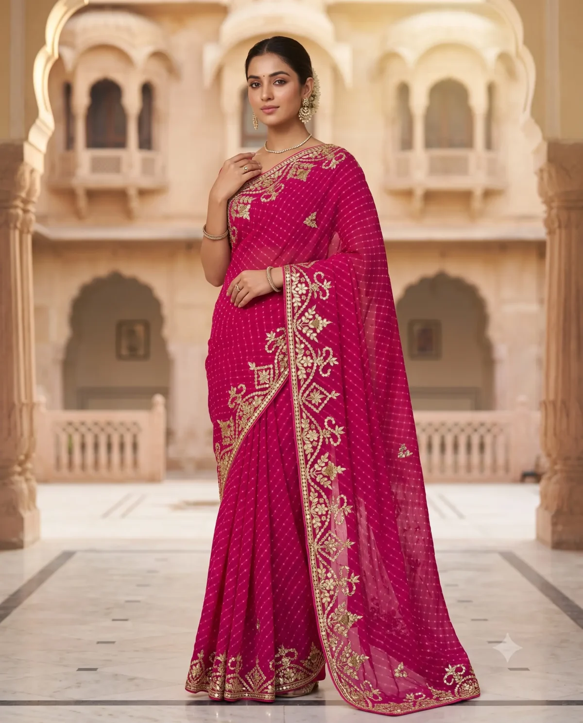Rajkumari Gulposh Rani Pink Pure Georgette Lehariya Saree with handcrafted Silver Gota Patti embroidered floral border.