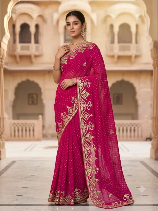 Rajkumari Gulposh Rani Pink Pure Georgette Lehariya Saree with handcrafted Silver Gota Patti embroidered floral border.