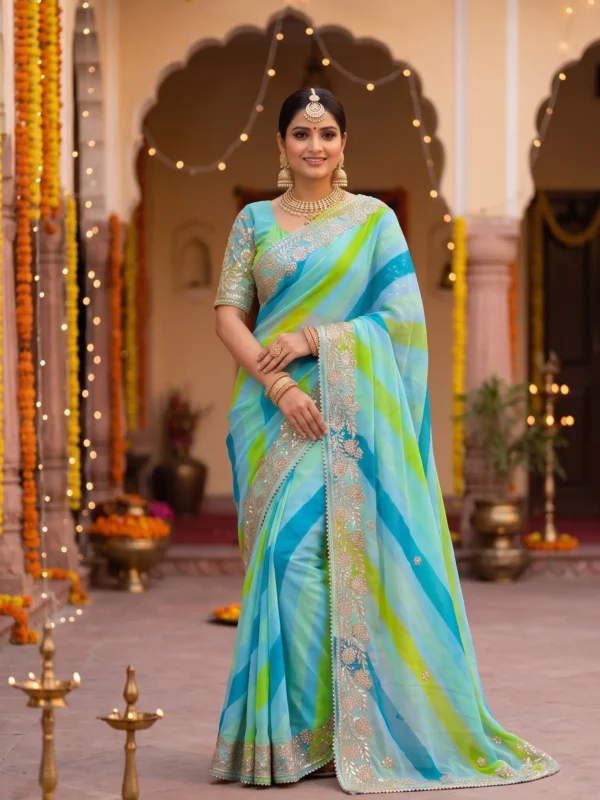 Pure Georgette Multi Color Leheriya Saree with Gota Patti Work and Floral Embroidered Border for Teej & Raksha Bandhan