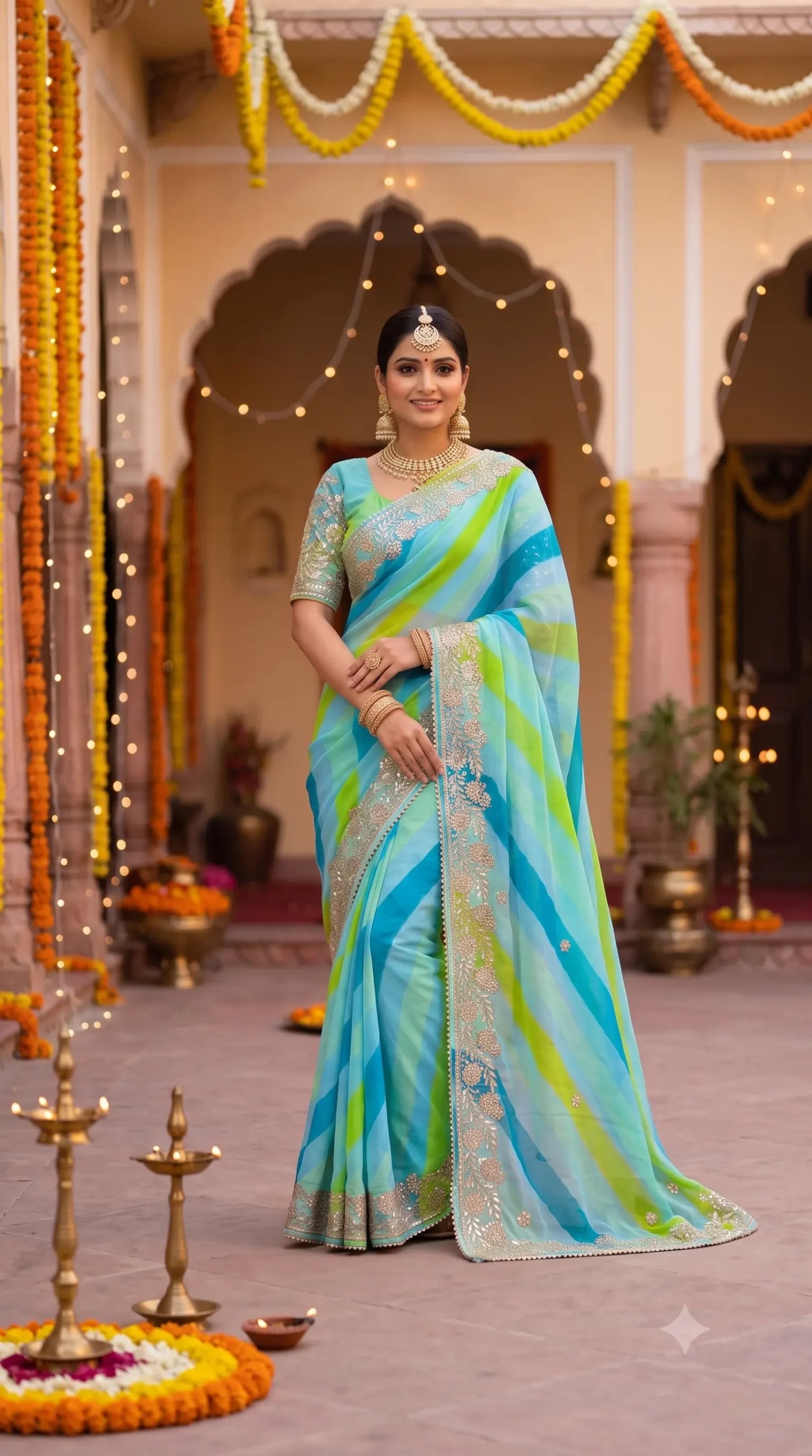 pure-georgette-multi-color-leheriya-gota-patti-saree