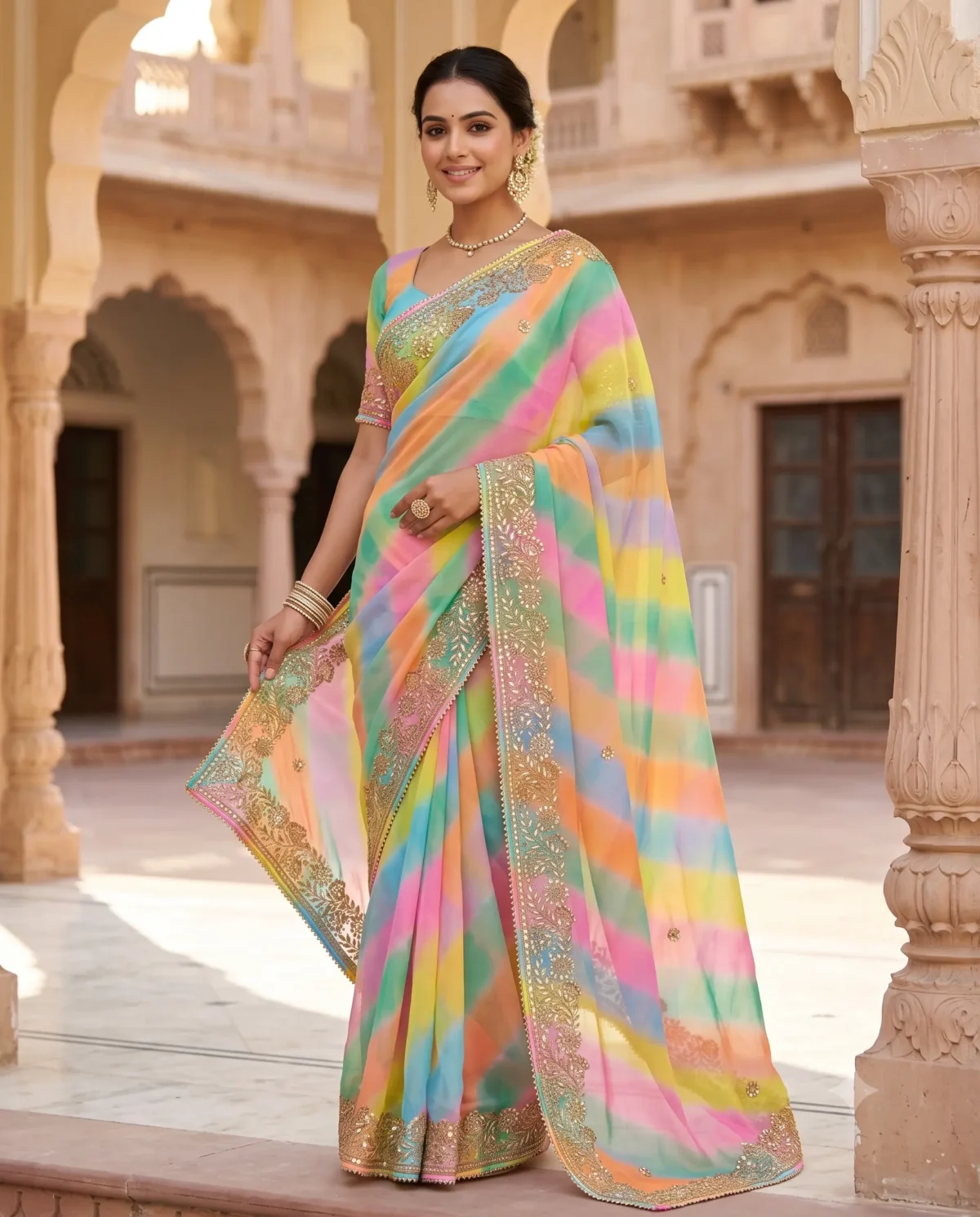 Multicolor Pure Georgette Lehariya Saree with handcrafted Gota Patti work, designer Rajasthani festive saree for Teej, Raksha Bandhan, weddings and traditional celebrations.