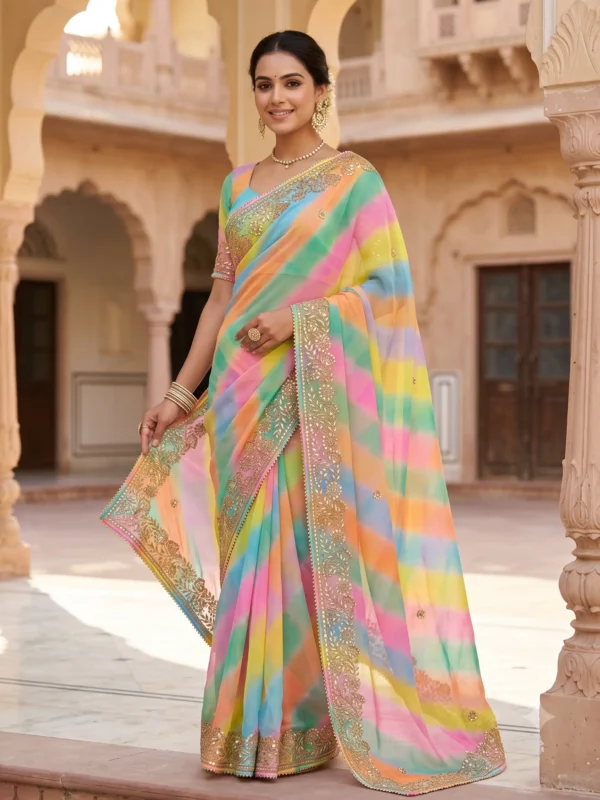 Multicolor Pure Georgette Lehariya Saree with handcrafted Gota Patti work, designer Rajasthani festive saree for Teej, Raksha Bandhan, weddings and traditional celebrations.