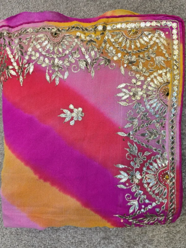 Pure Georgette Sunset Leheriya Saree with Heavy Gota Patti Work | Premium Festive & Wedding Wear Saree
