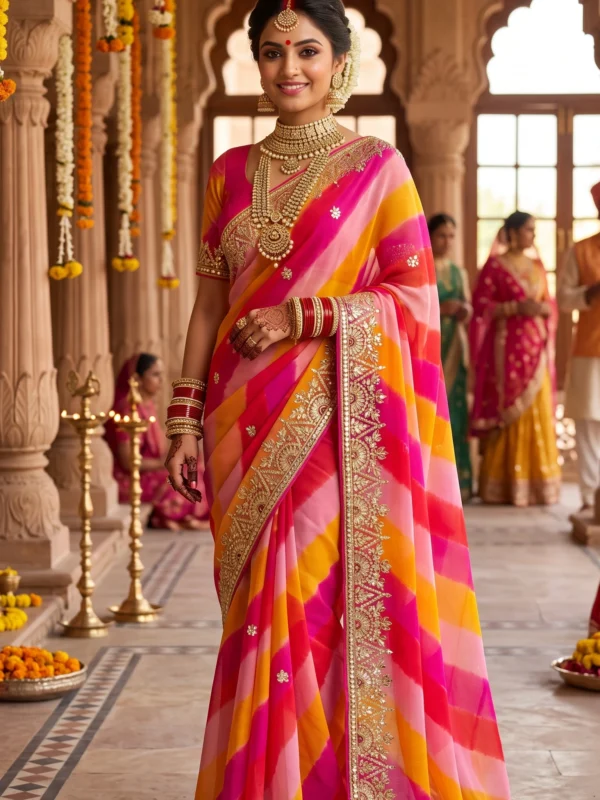 Pure Georgette Sunset Leheriya Saree with Heavy Gota Patti Work | Premium Festive & Wedding Wear Saree