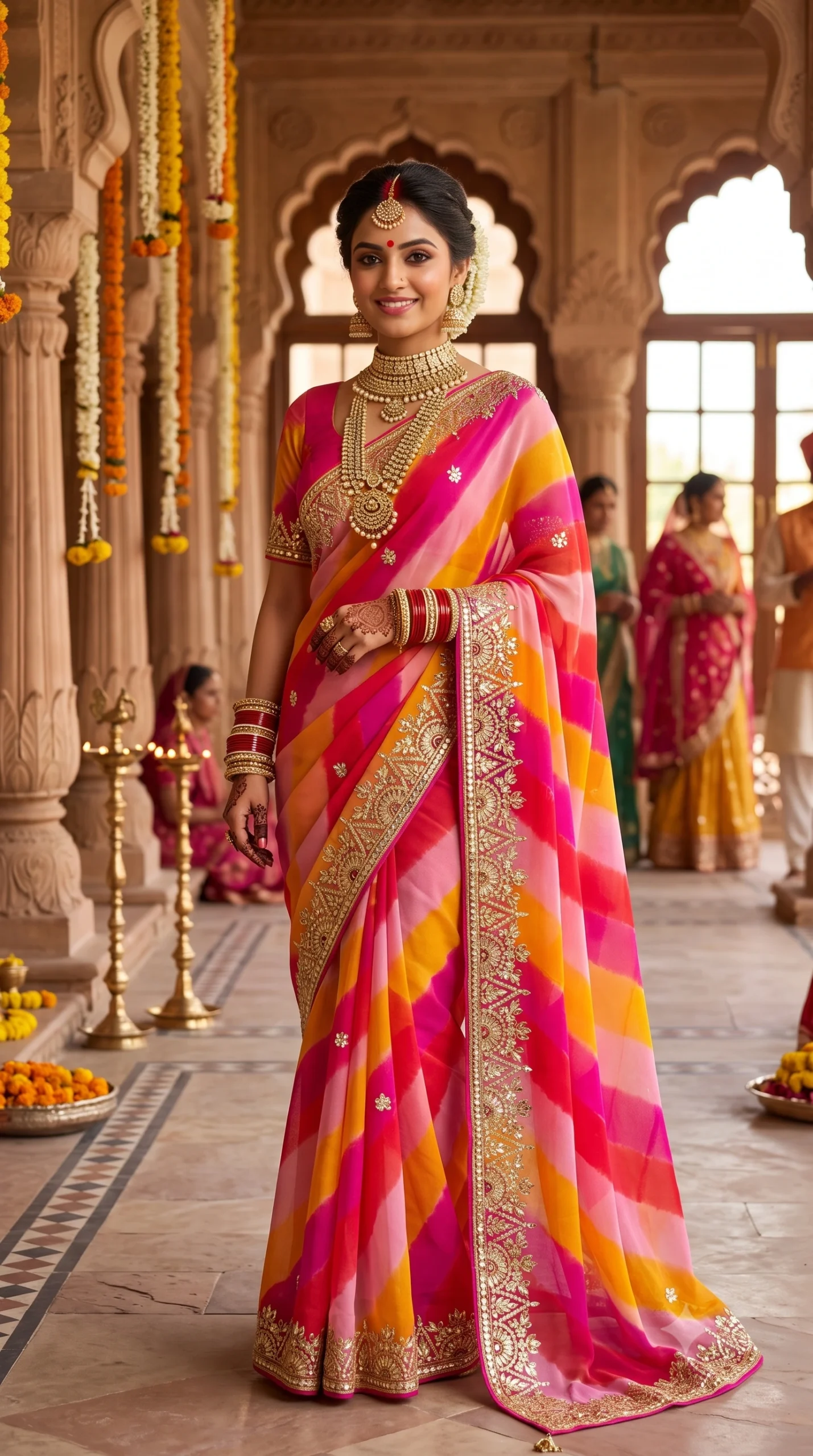 pure-georgette-sunset-leheriya-gota-patti-saree