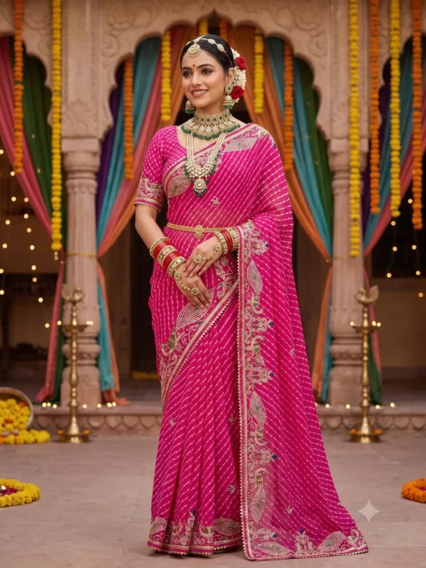 Pure Georgette Rani Mothra Saree with Heavy Gota Patti Embroidery and Floral Border for Teej & Raksha Bandhan