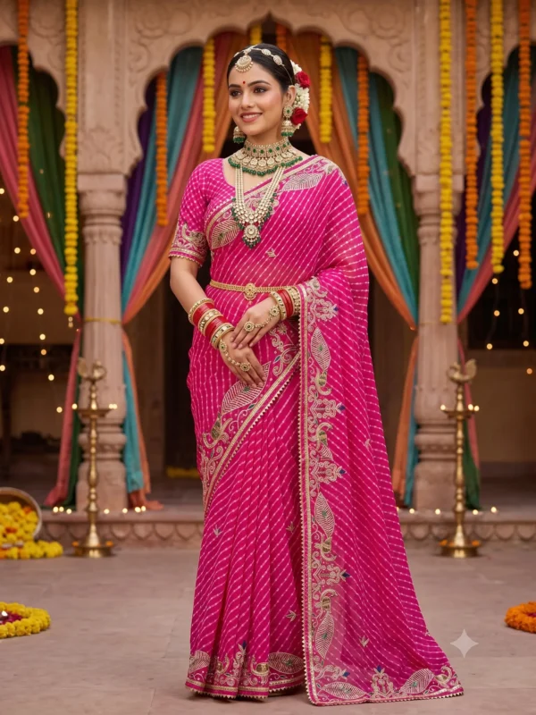 Pure Georgette Rani Mothra Saree with Heavy Gota Patti Embroidery and Floral Border for Teej & Raksha Bandhan