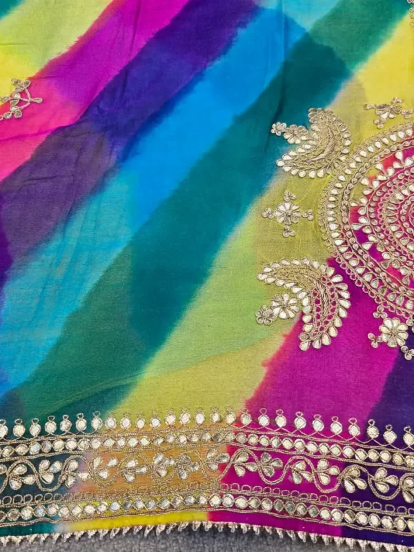 Multicolor Soft Silk Lehariya Saree with handcrafted Gota Patti work, designer festive saree for Teej, Raksha Bandhan, weddings and traditional celebrations by Rangoli Saris.