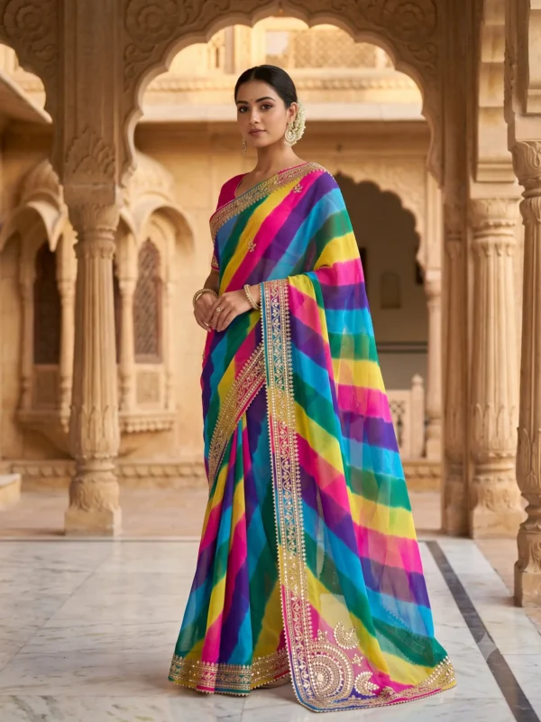 Multicolor Soft Silk Lehariya Saree with handcrafted Gota Patti work, designer festive saree for Teej, Raksha Bandhan, weddings and traditional celebrations by Rangoli Saris.