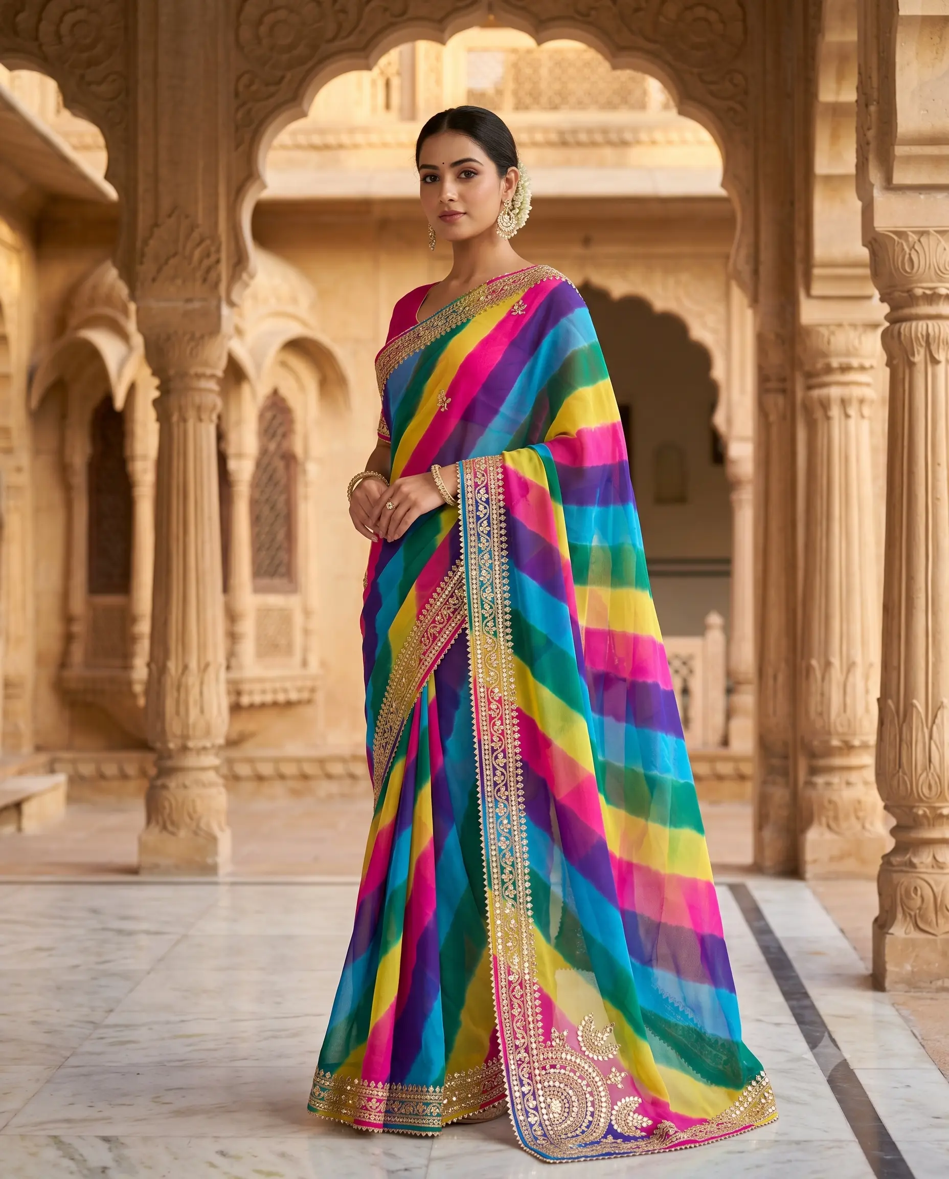 rangreza-multicolor-soft-silk-lehariya-saree-gota-patti-work