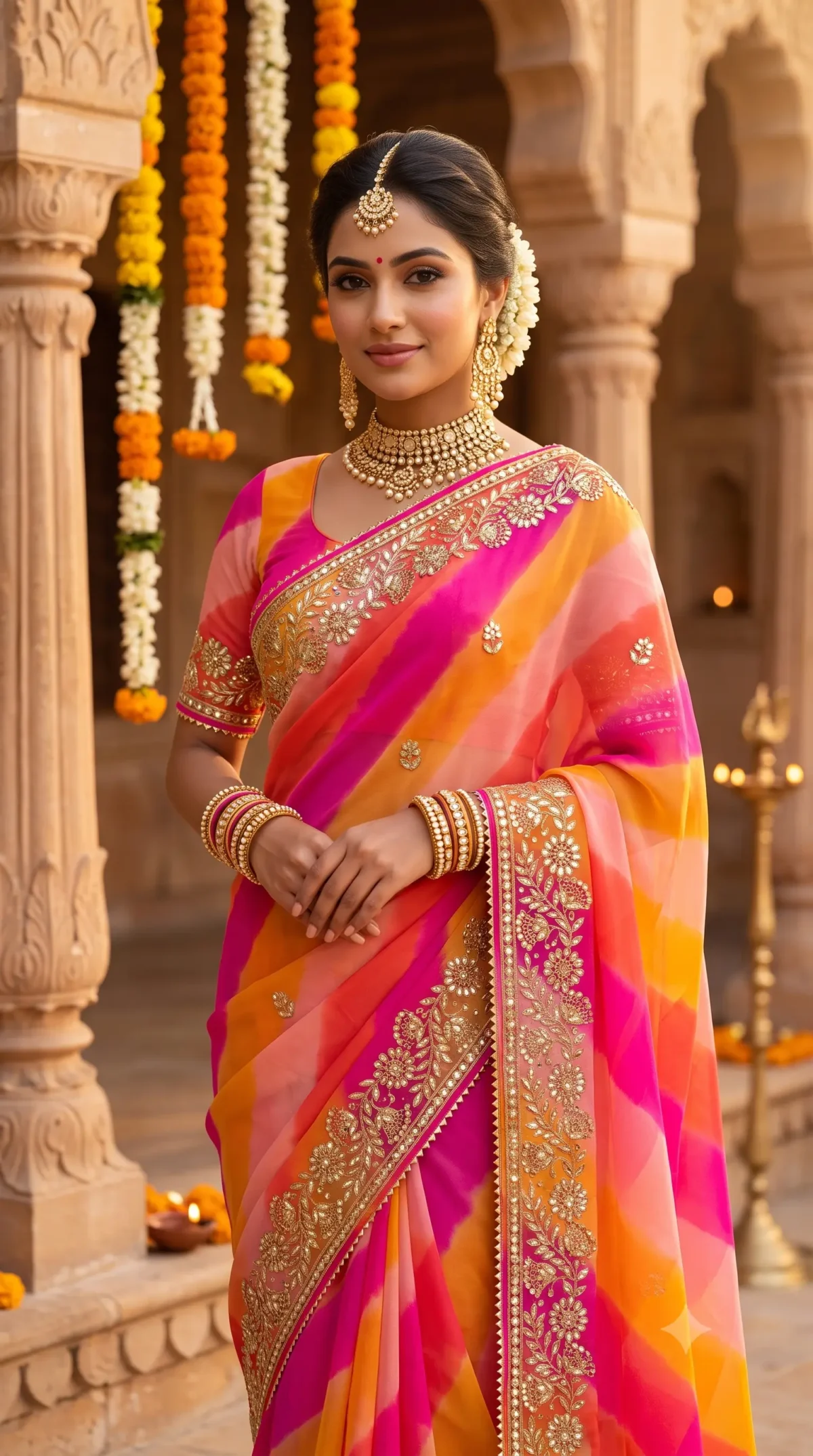Pure Georgette Sunset Leheriya Saree with Heavy Gota Patti Embroidery for Teej, Raksha Bandhan & Wedding Functions