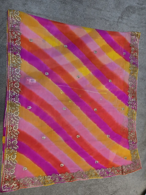 Pure Georgette Sunset Leheriya Saree with Heavy Gota Patti Embroidery for Teej, Raksha Bandhan & Wedding Functions