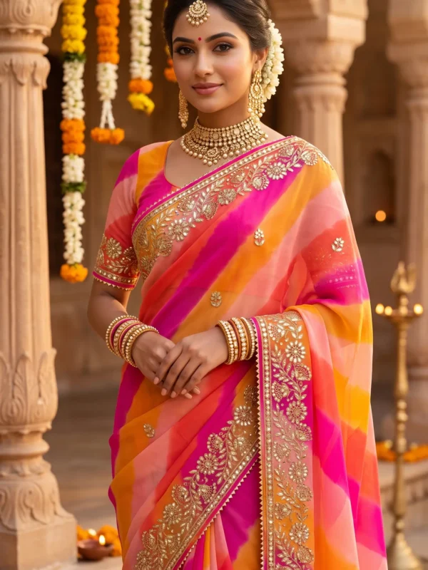 Pure Georgette Sunset Leheriya Saree with Heavy Gota Patti Embroidery for Teej, Raksha Bandhan & Wedding Functions