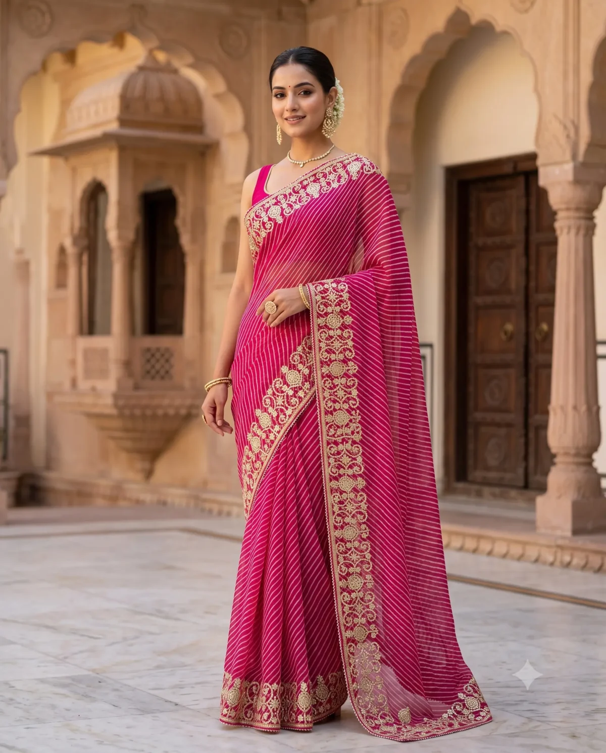 Rajsi Gulmohar Rani Pink Pure Georgette Lehariya Saree with handcrafted Silver Gota Patti embroidered floral border.