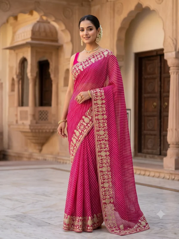 Rajsi Gulmohar Rani Pink Pure Georgette Lehariya Saree with handcrafted Silver Gota Patti embroidered floral border.