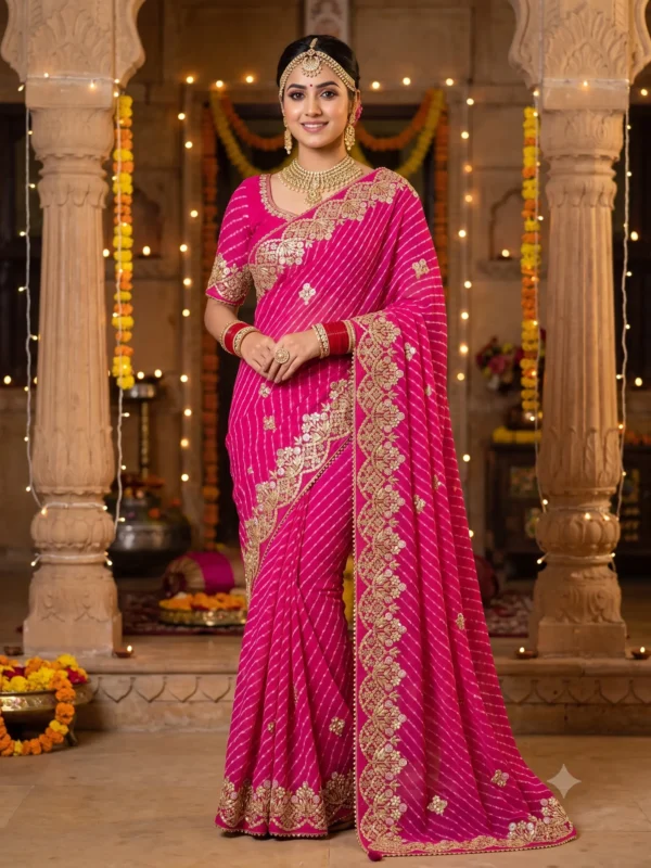 Pure Georgette Rani Mothra Saree with Heavy Gota Patti Embroidery and Floral Border for Teej & Raksha Bandhan