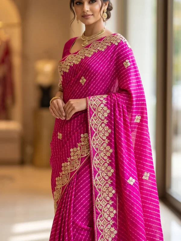 Pure Georgette Rani Mothra Saree with Heavy Gota Patti Embroidery and Floral Border for Teej & Raksha Bandhan