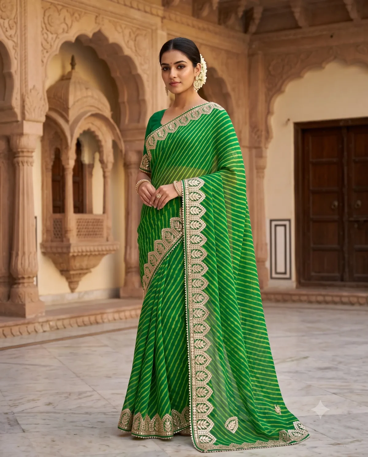Emerald Green Pure Georgette Lehariya Saree with handcrafted Gota Patti work, designer festive saree for Teej, Raksha Bandhan, Karwa Chauth and weddings.
