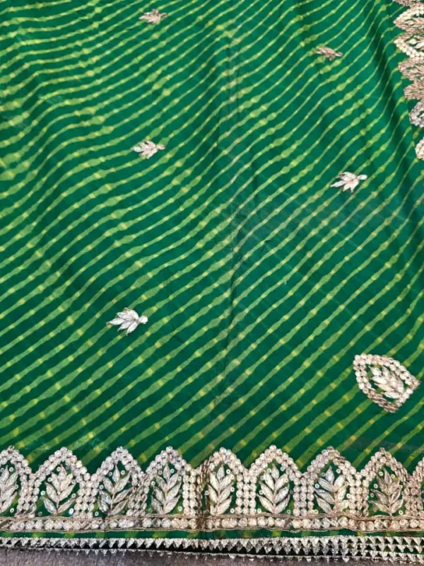Emerald Green Pure Georgette Lehariya Saree with handcrafted Gota Patti work, designer festive saree for Teej, Raksha Bandhan, Karwa Chauth and weddings.