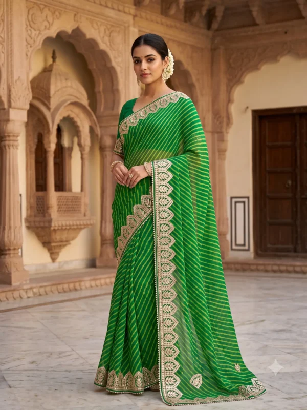 Emerald Green Pure Georgette Lehariya Saree with handcrafted Gota Patti work, designer festive saree for Teej, Raksha Bandhan, Karwa Chauth and weddings.