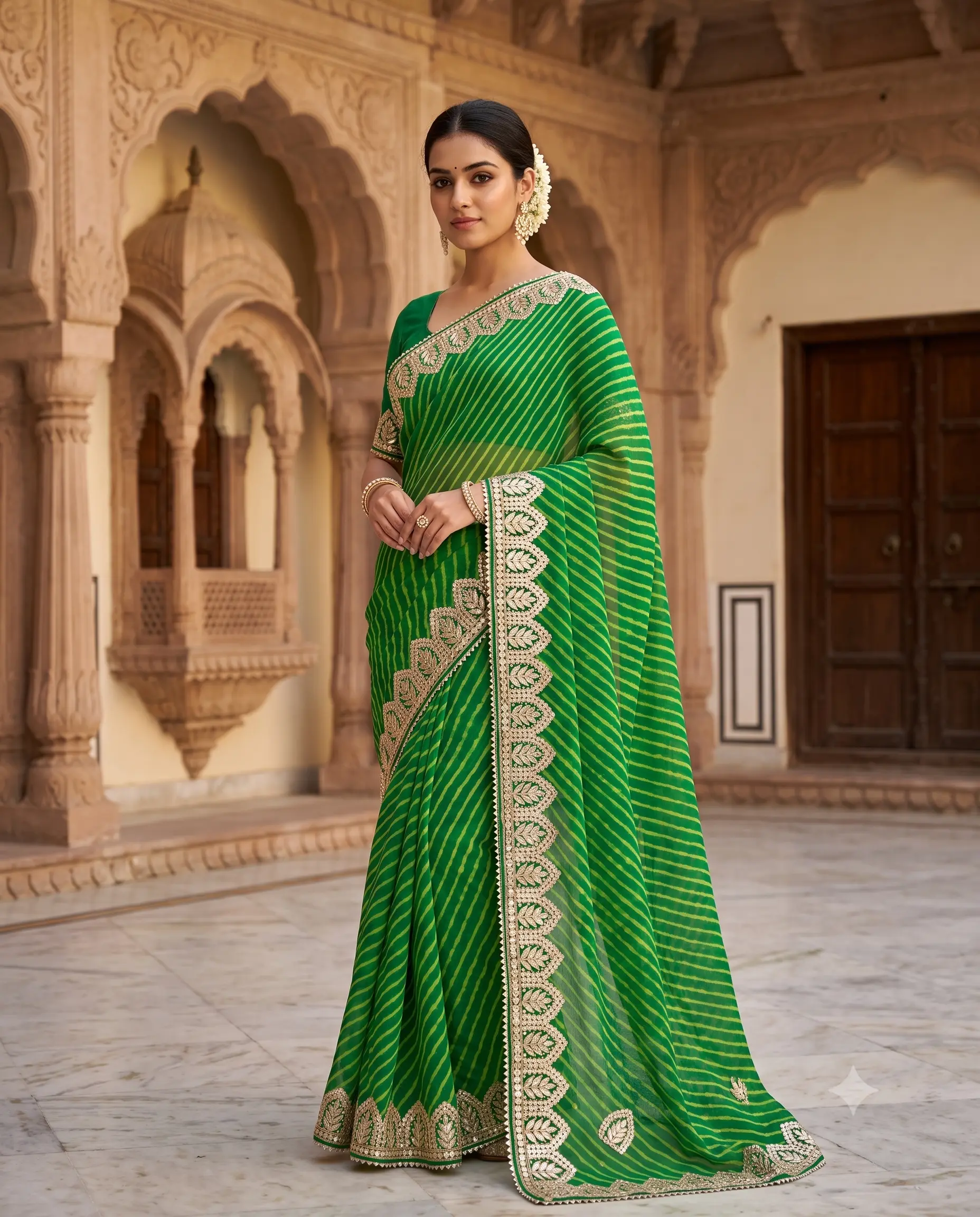 emerald-green-pure-georgette-lehariya-saree-gota-patti-work