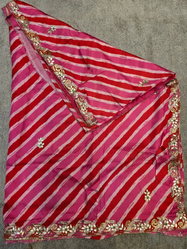 Pink Soft Silk Lehariya Saree with handcrafted Gota Patti work, designer festive saree for Teej, Raksha Bandhan, Karwa Chauth and wedding celebrations.