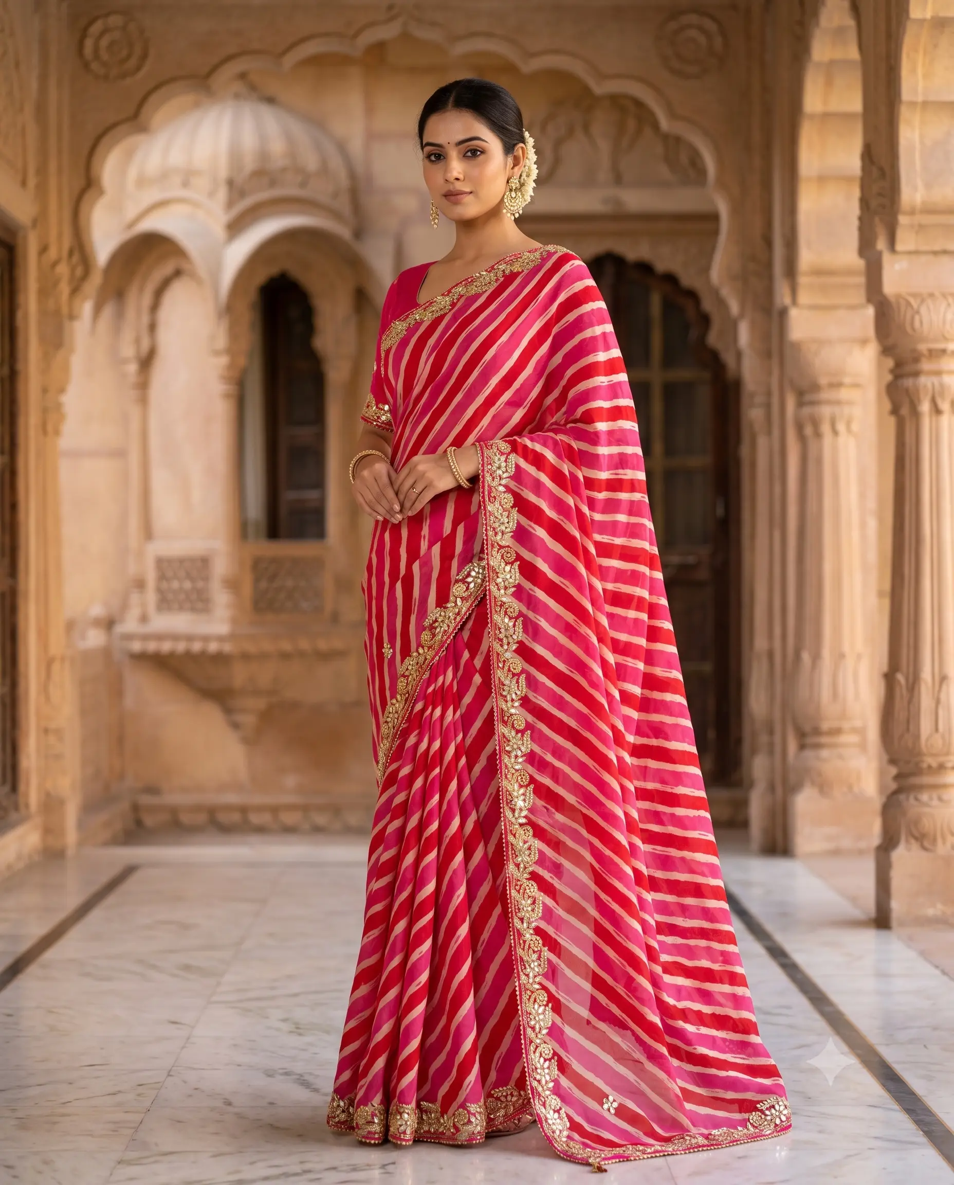 pink-soft-silk-lehariya-saree-with-gota-patti-work