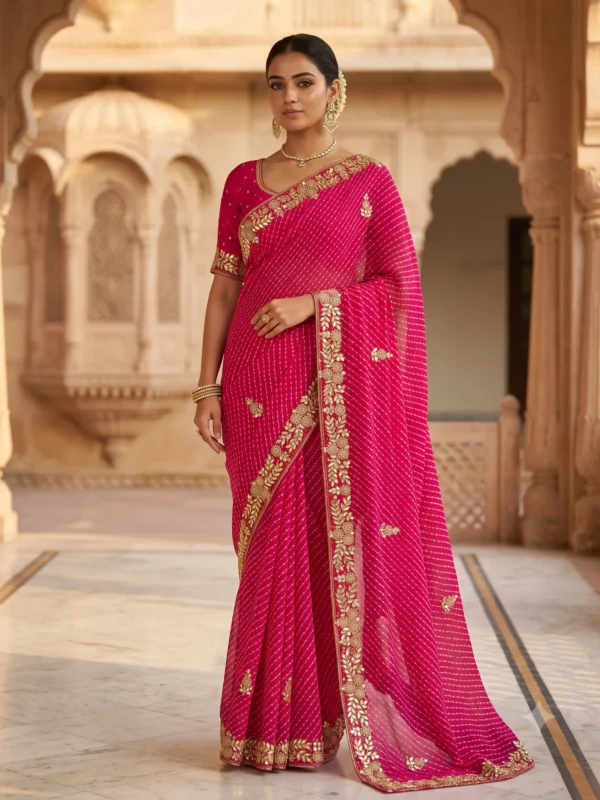 Traditional Pink Mothra Art Georgette Saree with Gota Patti Work