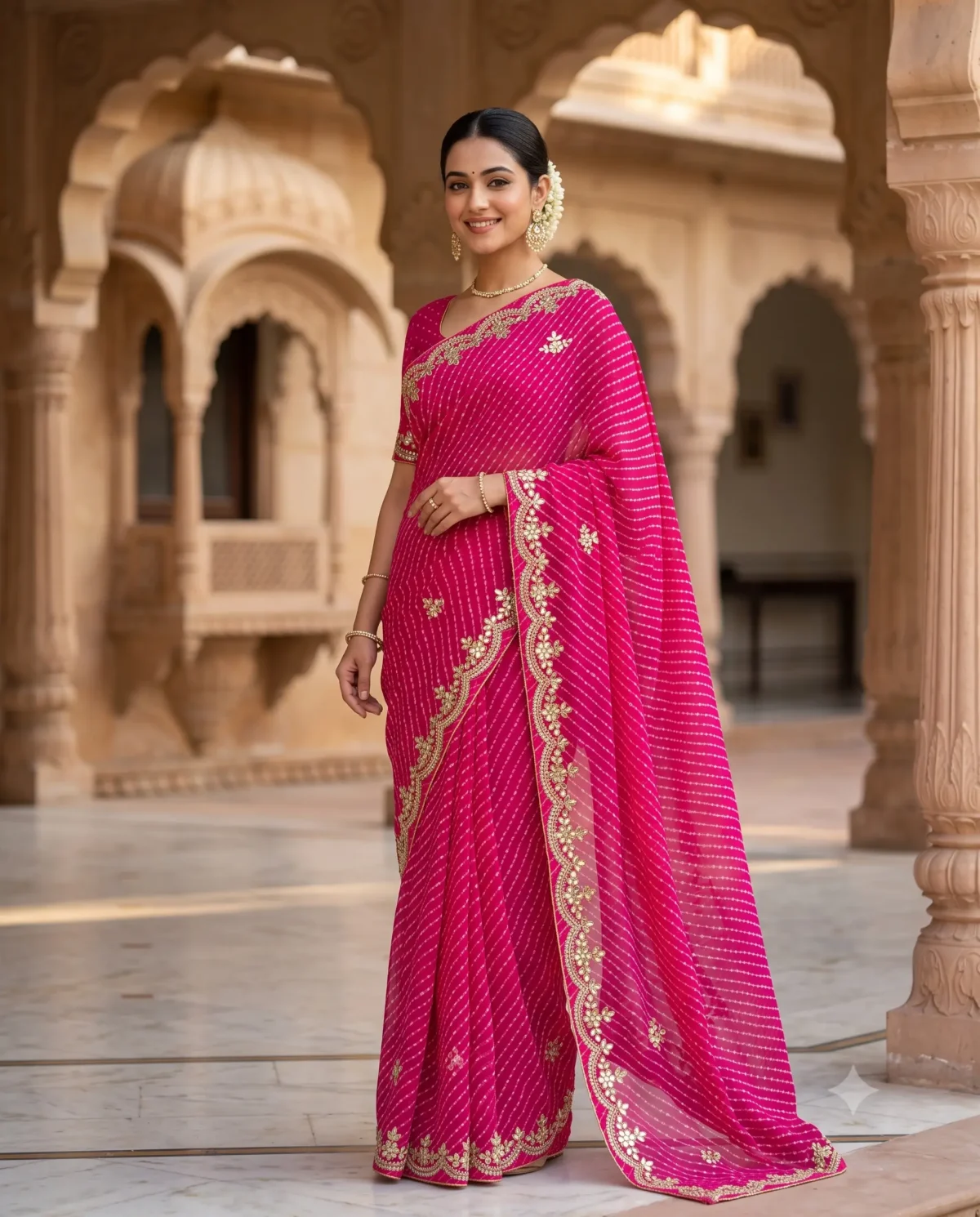 Traditional Rani Pink Mothra Art Georgette Saree with handcrafted Gota Patti work, designer Rajasthani festive saree for Teej, Raksha Bandhan, Karwa Chauth and weddings.