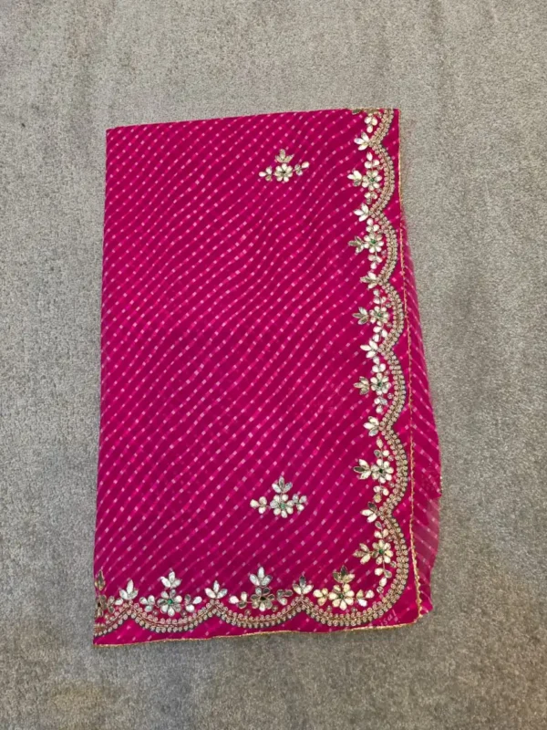 Traditional Rani Pink Mothra Art Georgette Saree with handcrafted Gota Patti work, designer Rajasthani festive saree for Teej, Raksha Bandhan, Karwa Chauth and weddings.