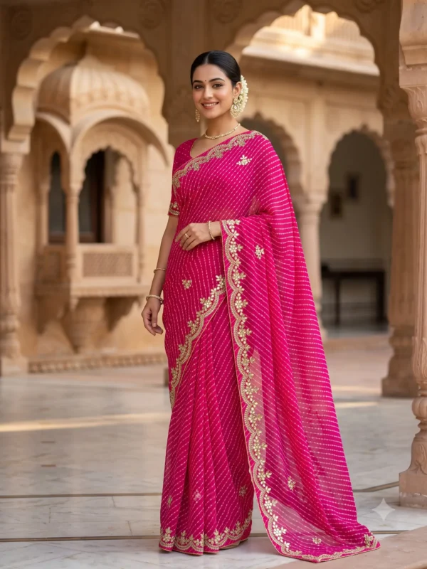 Traditional Rani Pink Mothra Art Georgette Saree with handcrafted Gota Patti work, designer Rajasthani festive saree for Teej, Raksha Bandhan, Karwa Chauth and weddings.