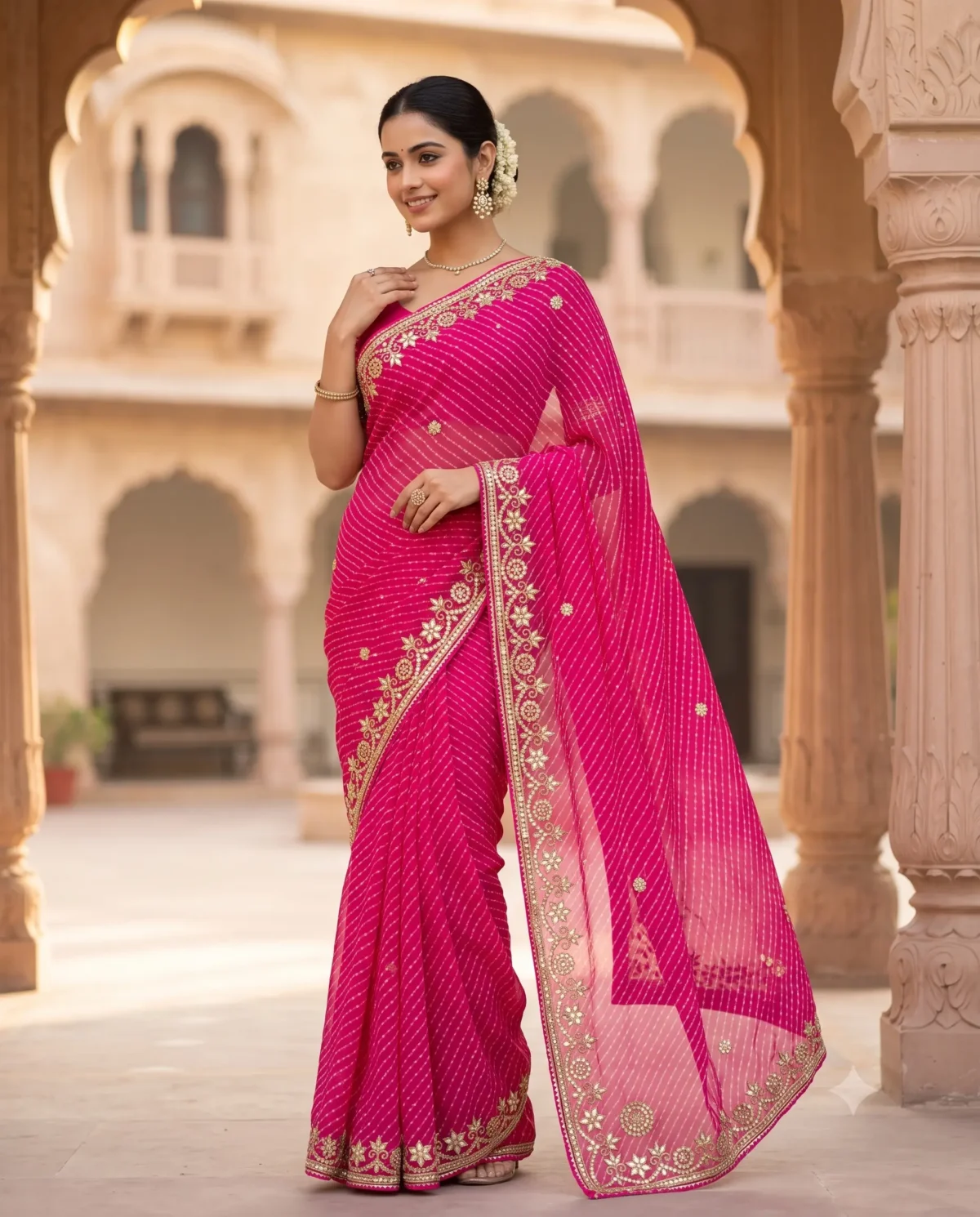 Traditional Deep Pink Mothra Art Georgette Saree with handcrafted Gota Patti work, designer Rajasthani festive saree for Teej, Raksha Bandhan, Karwa Chauth and weddings.