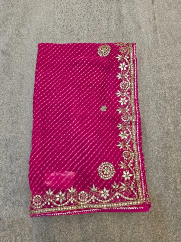 Traditional Deep Pink Mothra Art Georgette Saree with handcrafted Gota Patti work, designer Rajasthani festive saree for Teej, Raksha Bandhan, Karwa Chauth and weddings.