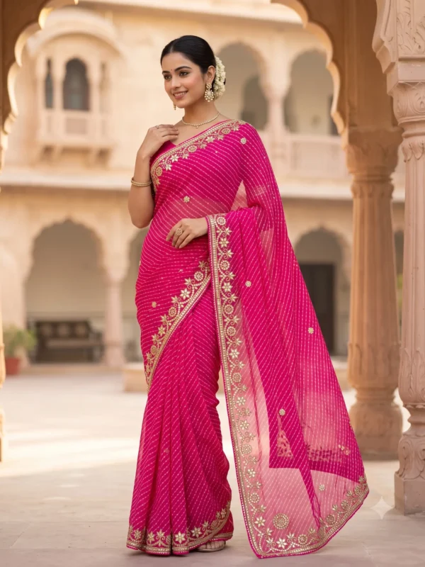 Traditional Deep Pink Mothra Art Georgette Saree with handcrafted Gota Patti work, designer Rajasthani festive saree for Teej, Raksha Bandhan, Karwa Chauth and weddings.