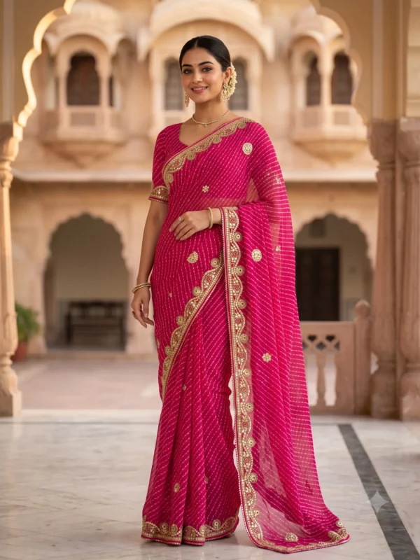 Traditional Rani Pink Mothra Art Georgette Saree with Gota Patti Work