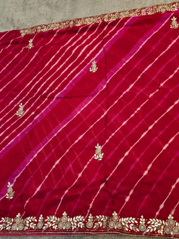 Soft Silk Lehariya Saree with handcrafted Gota Patti work, designer festive saree in vibrant pink with embroidered border and matching blouse for Teej, Raksha Bandhan, Karwa Chauth and weddings.