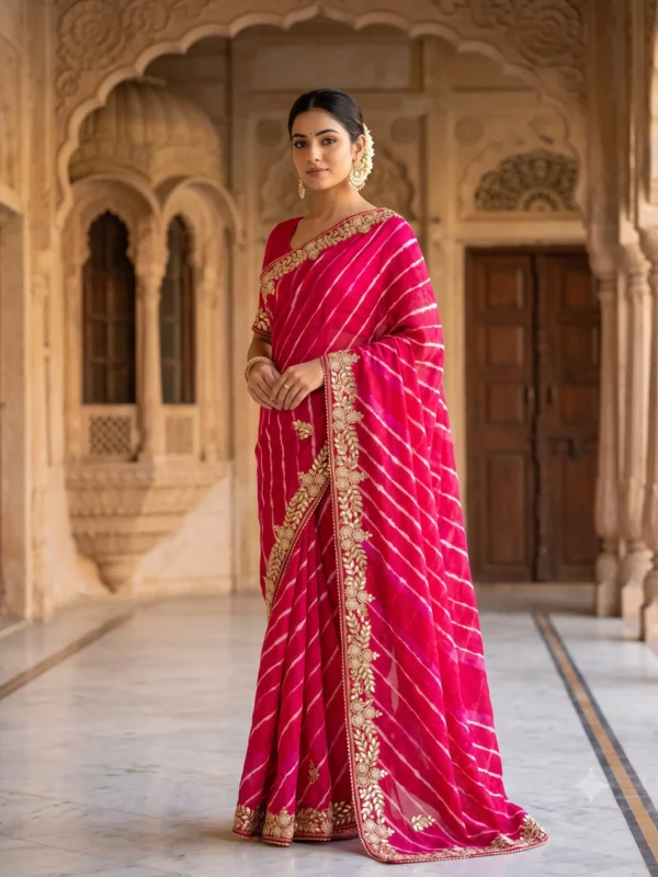Soft Silk Lehariya Saree with handcrafted Gota Patti work, designer festive saree in vibrant pink with embroidered border and matching blouse for Teej, Raksha Bandhan, Karwa Chauth and weddings.