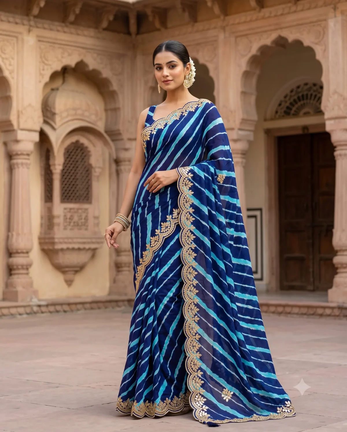 Navy Blue Pure Georgette Lehariya Saree with handcrafted Gota Patti work, designer festive saree for Teej, Raksha Bandhan, Karwa Chauth and weddings.
