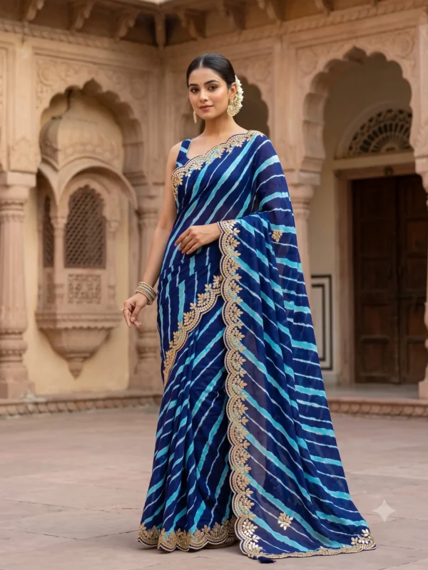 Navy Blue Pure Georgette Lehariya Saree with handcrafted Gota Patti work, designer festive saree for Teej, Raksha Bandhan, Karwa Chauth and weddings.