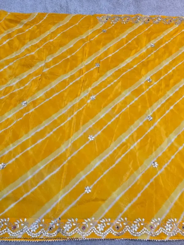 Yellow Pure Georgette Lehariya Saree with handcrafted Gota Patti work, designer festive saree for Teej, Haldi, Raksha Bandhan and weddings.