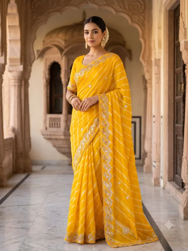Yellow Pure Georgette Lehariya Saree with handcrafted Gota Patti work, designer festive saree for Teej, Haldi, Raksha Bandhan and weddings.