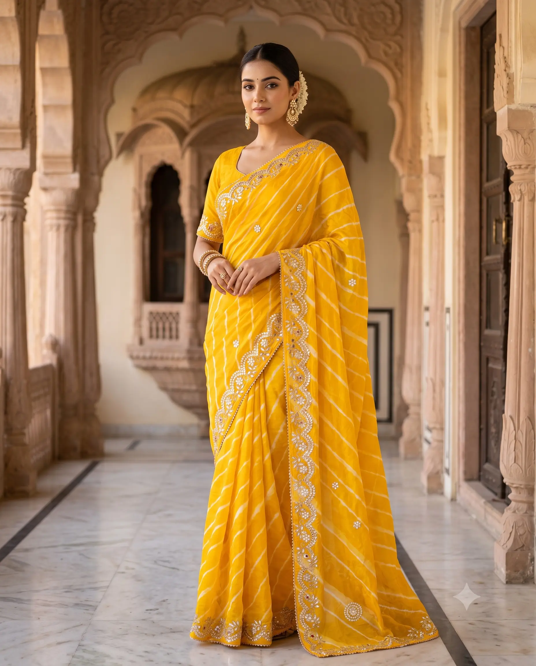 yellow-pure-georgette-lehariya-saree-with-gota-patti-work