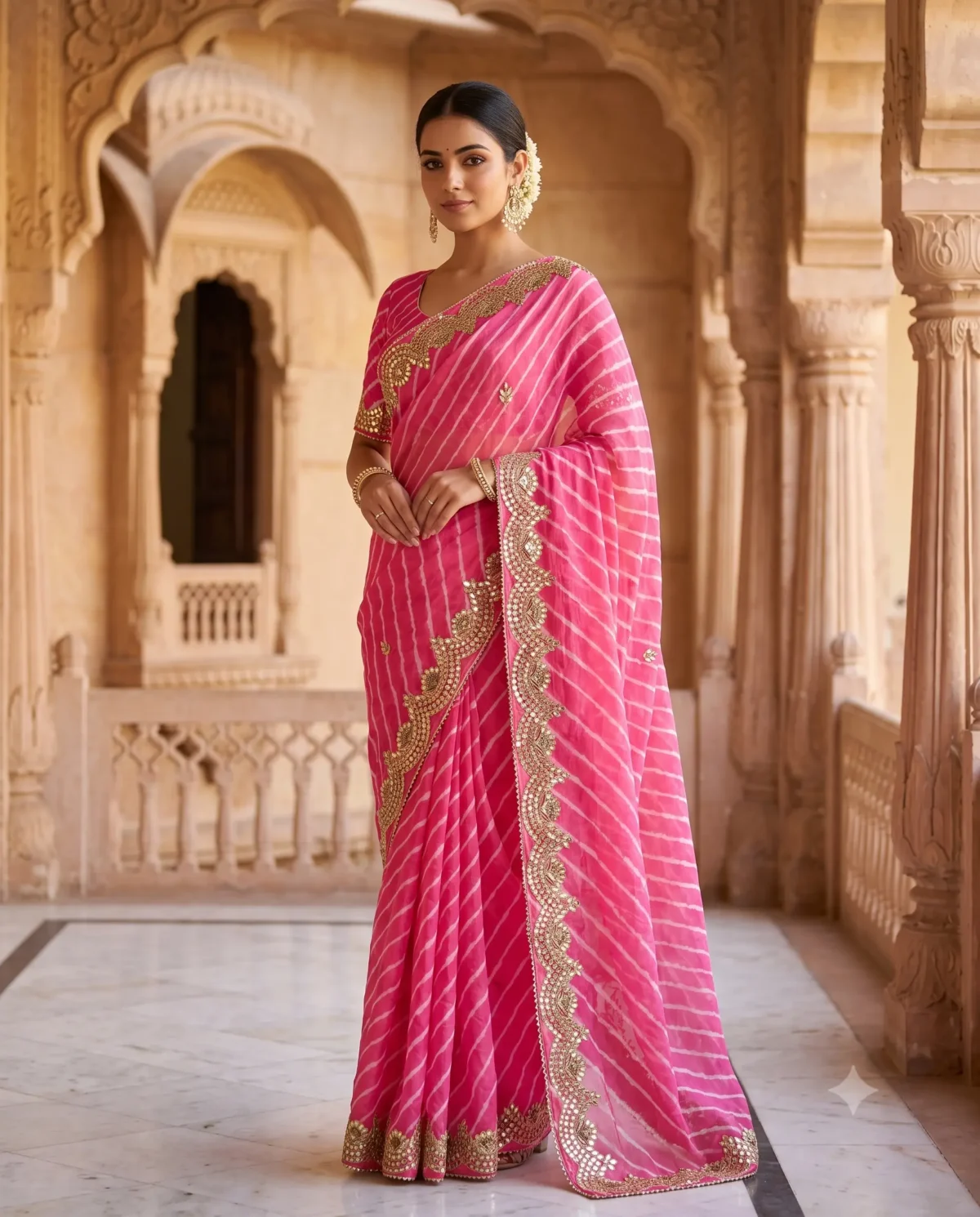 Pink Soft Silk Lehariya Saree with handcrafted Gota Patti work, designer festive saree for Teej, Raksha Bandhan, Karwa Chauth and wedding celebrations.