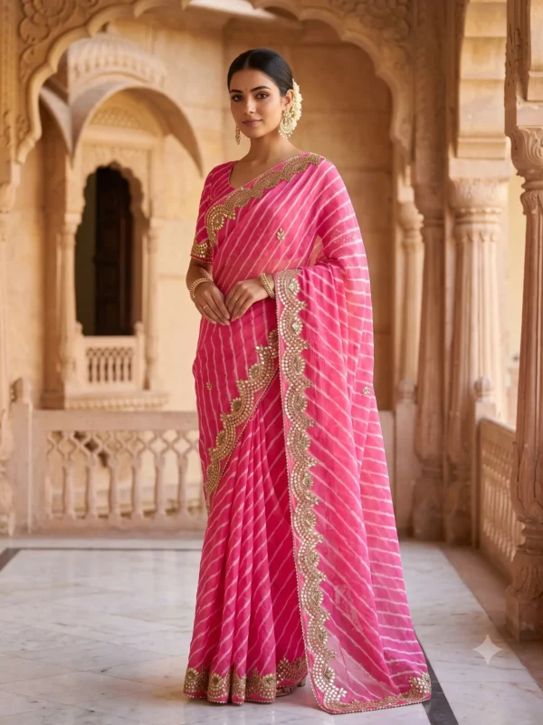 Pink Soft Silk Lehariya Saree with handcrafted Gota Patti work, designer festive saree for Teej, Raksha Bandhan, Karwa Chauth and wedding celebrations.