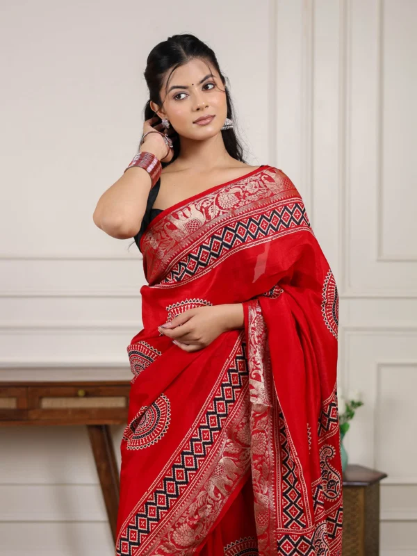 Royal Heritage red modal silk Ajrakh saree with woven zari border and rich zari pallu