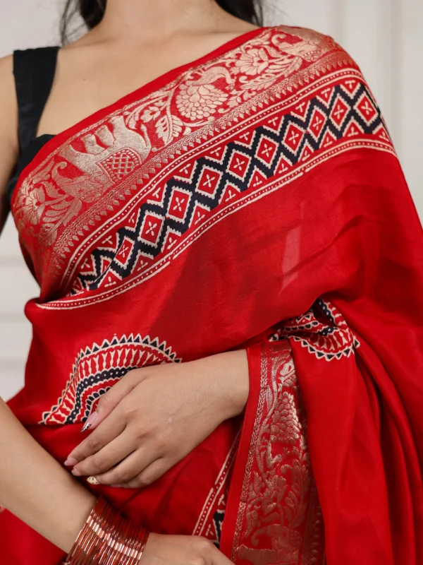 Royal Heritage red modal silk Ajrakh saree with woven zari border and rich zari pallu