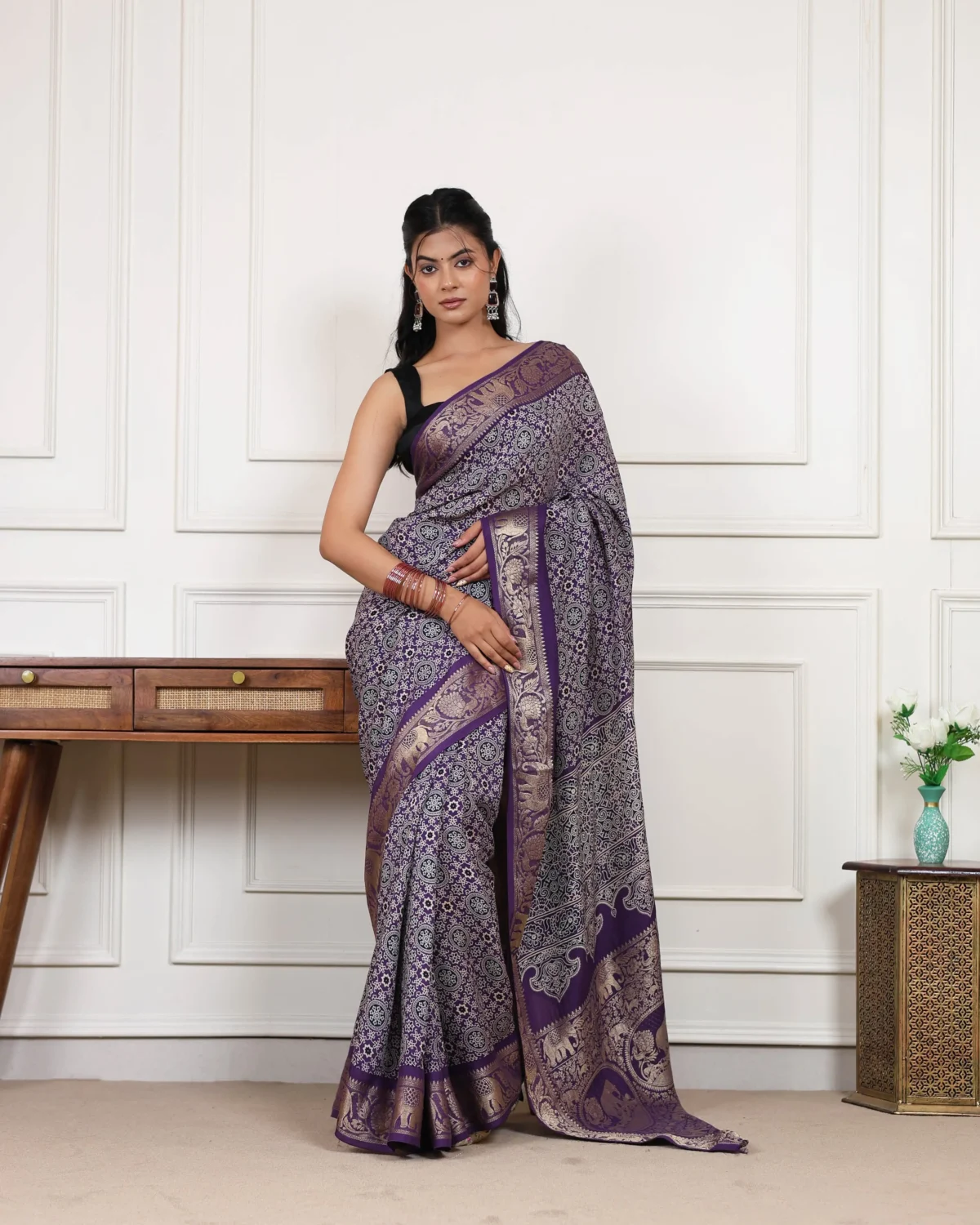 Royal Ajrakh Modal Silk Saree featuring traditional Ajrakh print with woven zari border and rich zari pallu