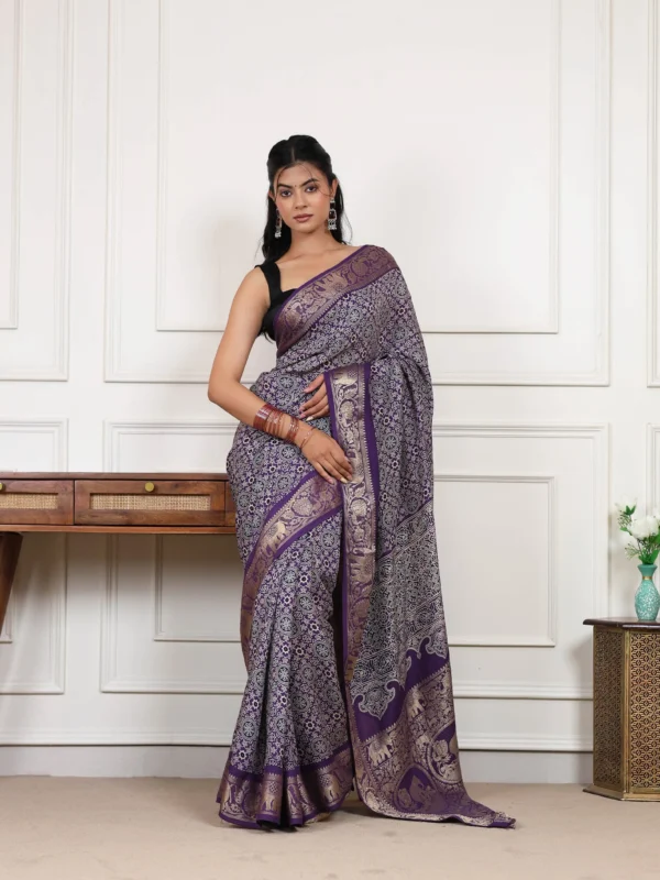 Royal Ajrakh Modal Silk Saree featuring traditional Ajrakh print with woven zari border and rich zari pallu